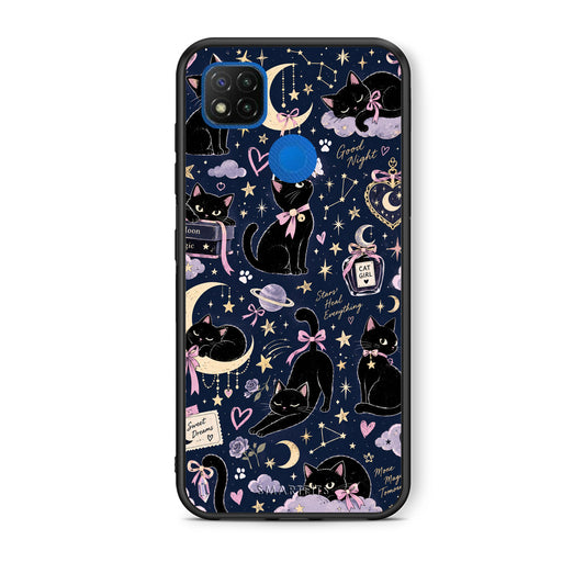 Θήκη Xiaomi Redmi 9C Celestial Black Cats on Navy από τη Smartfits με σχέδιο στο πίσω μέρος και μαύρο περίβλημα | Xiaomi Redmi 9C Celestial Black Cats on Navy case with colorful back and black bezels