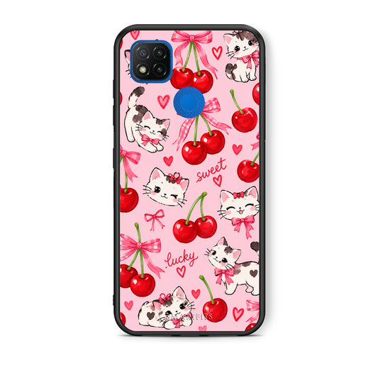 Θήκη Xiaomi Redmi 9C Cherries Bows and Kittens on Pink από τη Smartfits με σχέδιο στο πίσω μέρος και μαύρο περίβλημα | Xiaomi Redmi 9C Cherries Bows and Kittens on Pink case with colorful back and black bezels