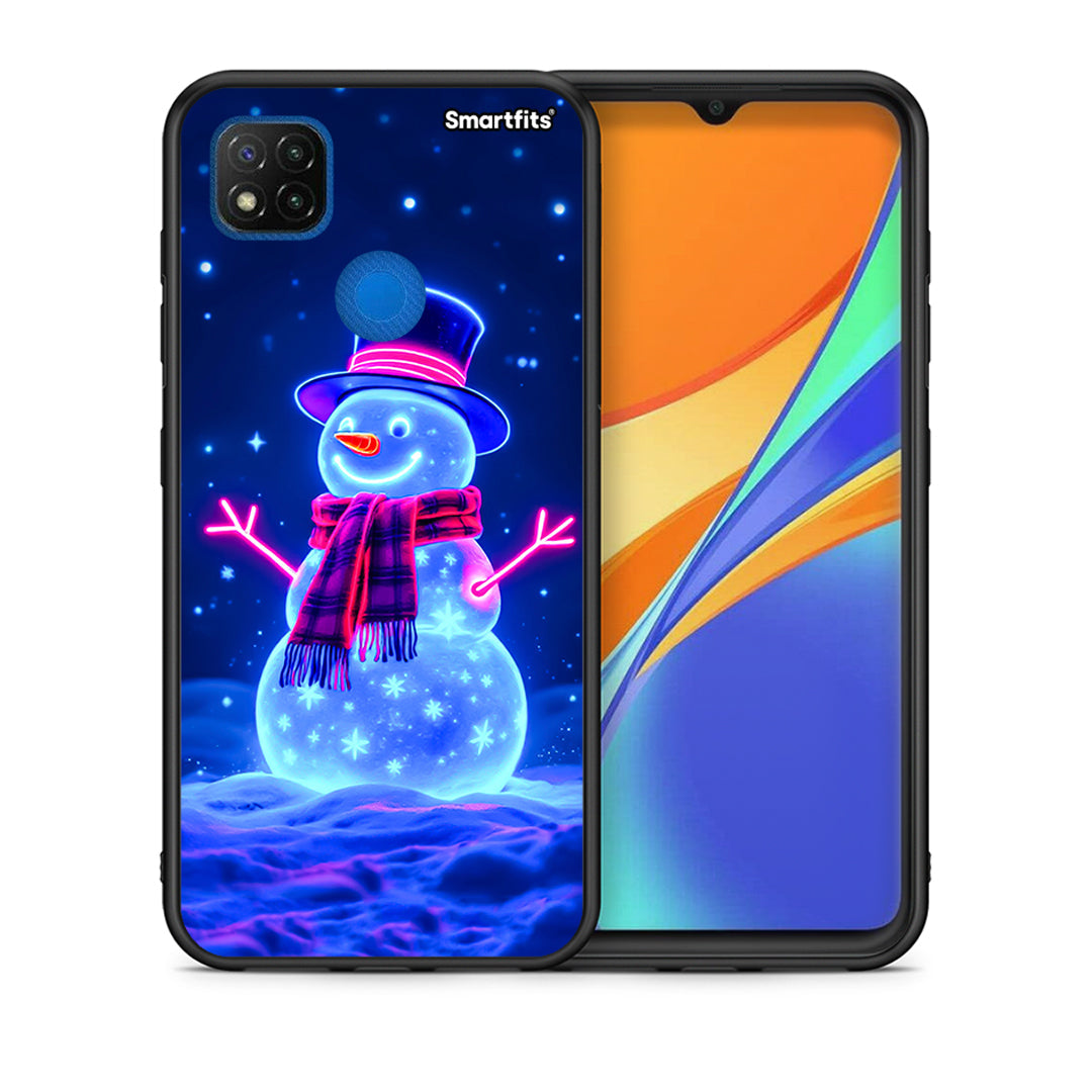 Θήκη Xiaomi Redmi 9C Christmas Neon Snowman από τη Smartfits με σχέδιο στο πίσω μέρος και μαύρο περίβλημα | Xiaomi Redmi 9C Christmas Neon Snowman case with colorful back and black bezels