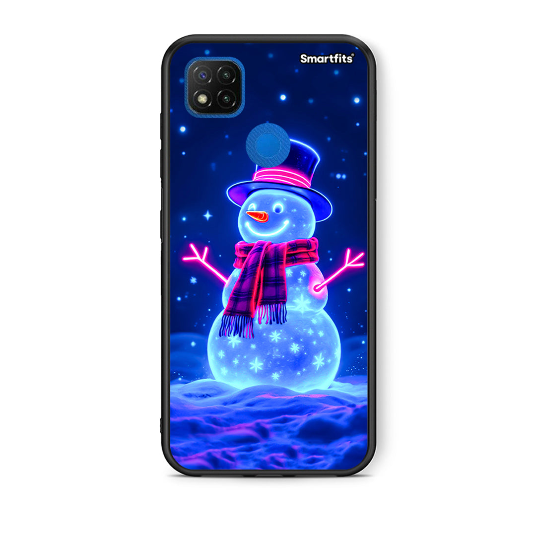 Θήκη Xiaomi Redmi 9C Christmas Neon Snowman από τη Smartfits με σχέδιο στο πίσω μέρος και μαύρο περίβλημα | Xiaomi Redmi 9C Christmas Neon Snowman case with colorful back and black bezels