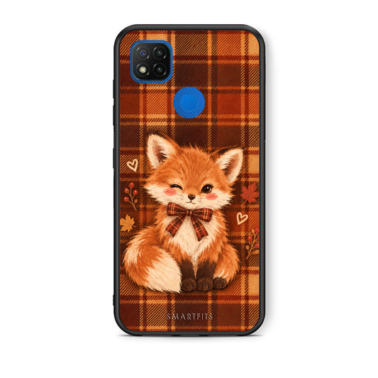 Θήκη Xiaomi Redmi 9C Fox on Autumn Tartan από τη Smartfits με σχέδιο στο πίσω μέρος και μαύρο περίβλημα | Xiaomi Redmi 9C Fox on Autumn Tartan case with colorful back and black bezels