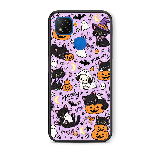 Θήκη Xiaomi Redmi 9C Halloween Black Cats on Lilac από τη Smartfits με σχέδιο στο πίσω μέρος και μαύρο περίβλημα | Xiaomi Redmi 9C Halloween Black Cats on Lilac case with colorful back and black bezels