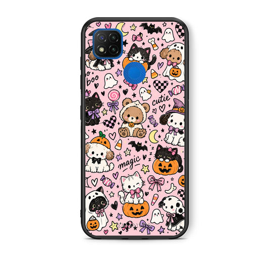 Θήκη Xiaomi Redmi 9C Halloween Cute Animals on Pink από τη Smartfits με σχέδιο στο πίσω μέρος και μαύρο περίβλημα | Xiaomi Redmi 9C Halloween Cute Animals on Pink case with colorful back and black bezels