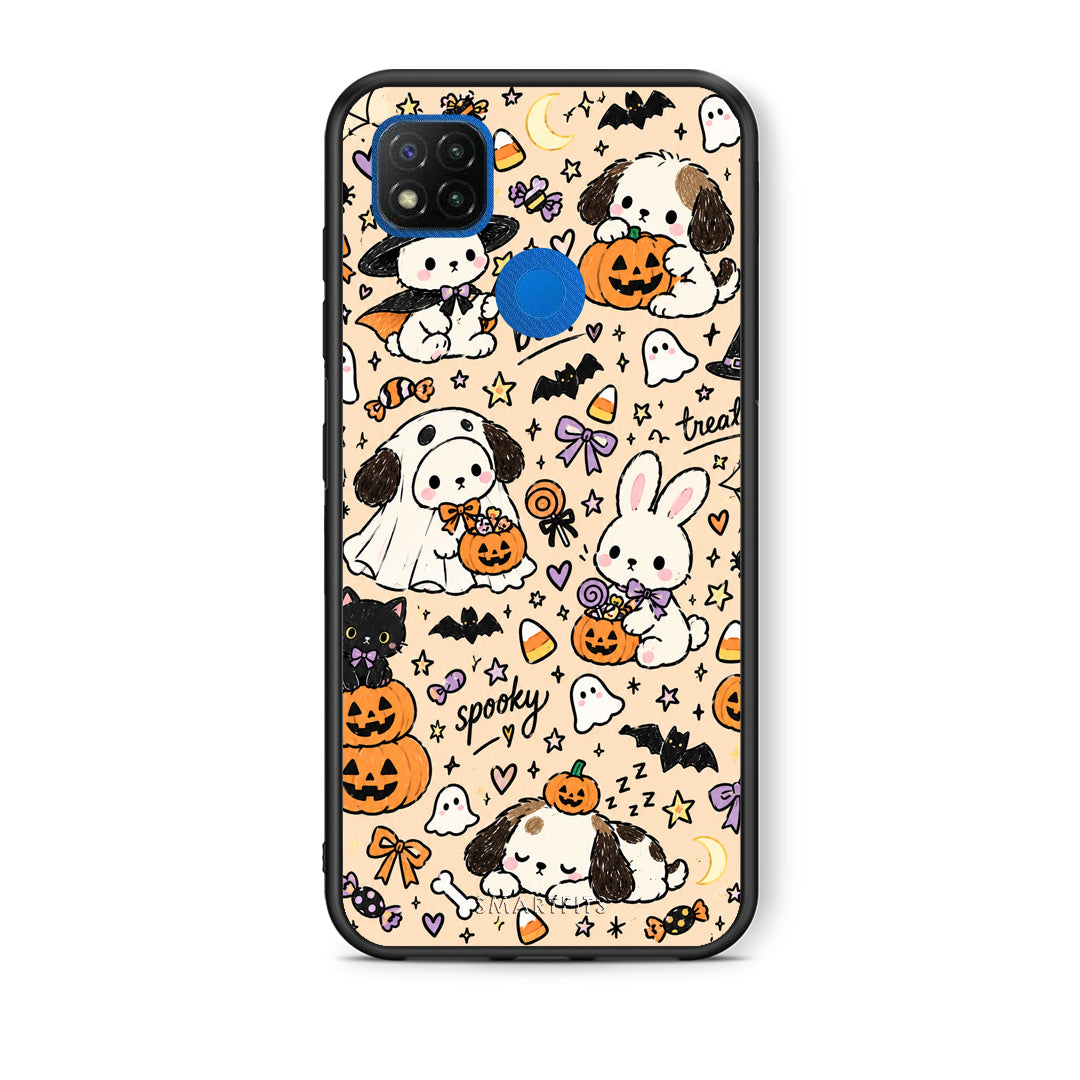 Θήκη Xiaomi Redmi 9C Halloween Puppies and Friends on Cream από τη Smartfits με σχέδιο στο πίσω μέρος και μαύρο περίβλημα | Xiaomi Redmi 9C Halloween Puppies and Friends on Cream case with colorful back and black bezels