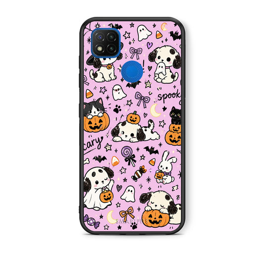 Θήκη Xiaomi Redmi 9C Halloween Puppies and Friends on Lilac από τη Smartfits με σχέδιο στο πίσω μέρος και μαύρο περίβλημα | Xiaomi Redmi 9C Halloween Puppies and Friends on Lilac case with colorful back and black bezels