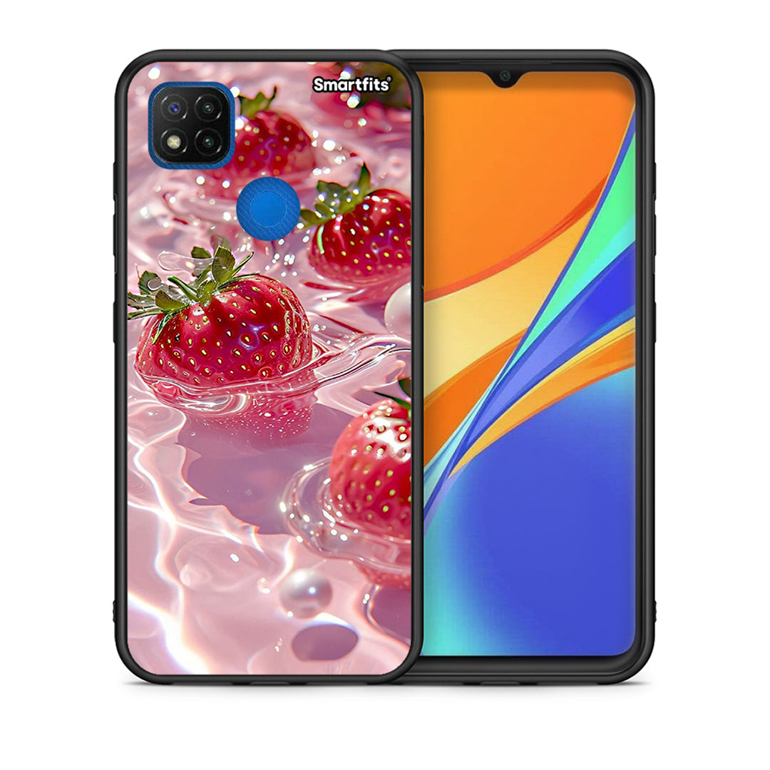 Θήκη Xiaomi Redmi 9C Juicy Strawberries από τη Smartfits με σχέδιο στο πίσω μέρος και μαύρο περίβλημα | Xiaomi Redmi 9C Juicy Strawberries case with colorful back and black bezels