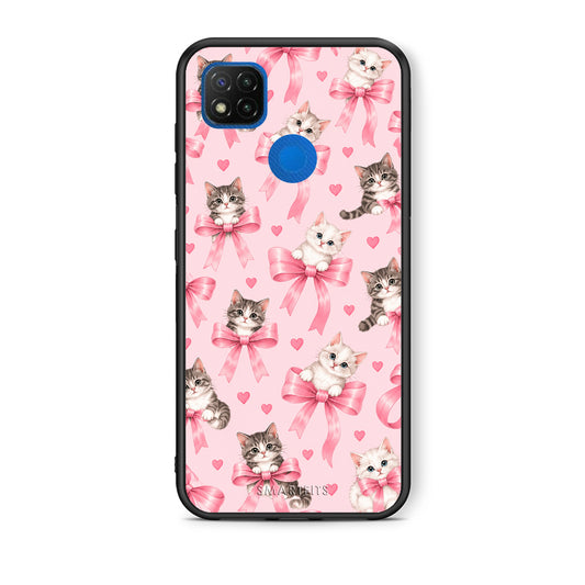 Θήκη Xiaomi Redmi 9C Kittens and Pink Bows on Pink από τη Smartfits με σχέδιο στο πίσω μέρος και μαύρο περίβλημα | Xiaomi Redmi 9C Kittens and Pink Bows on Pink case with colorful back and black bezels