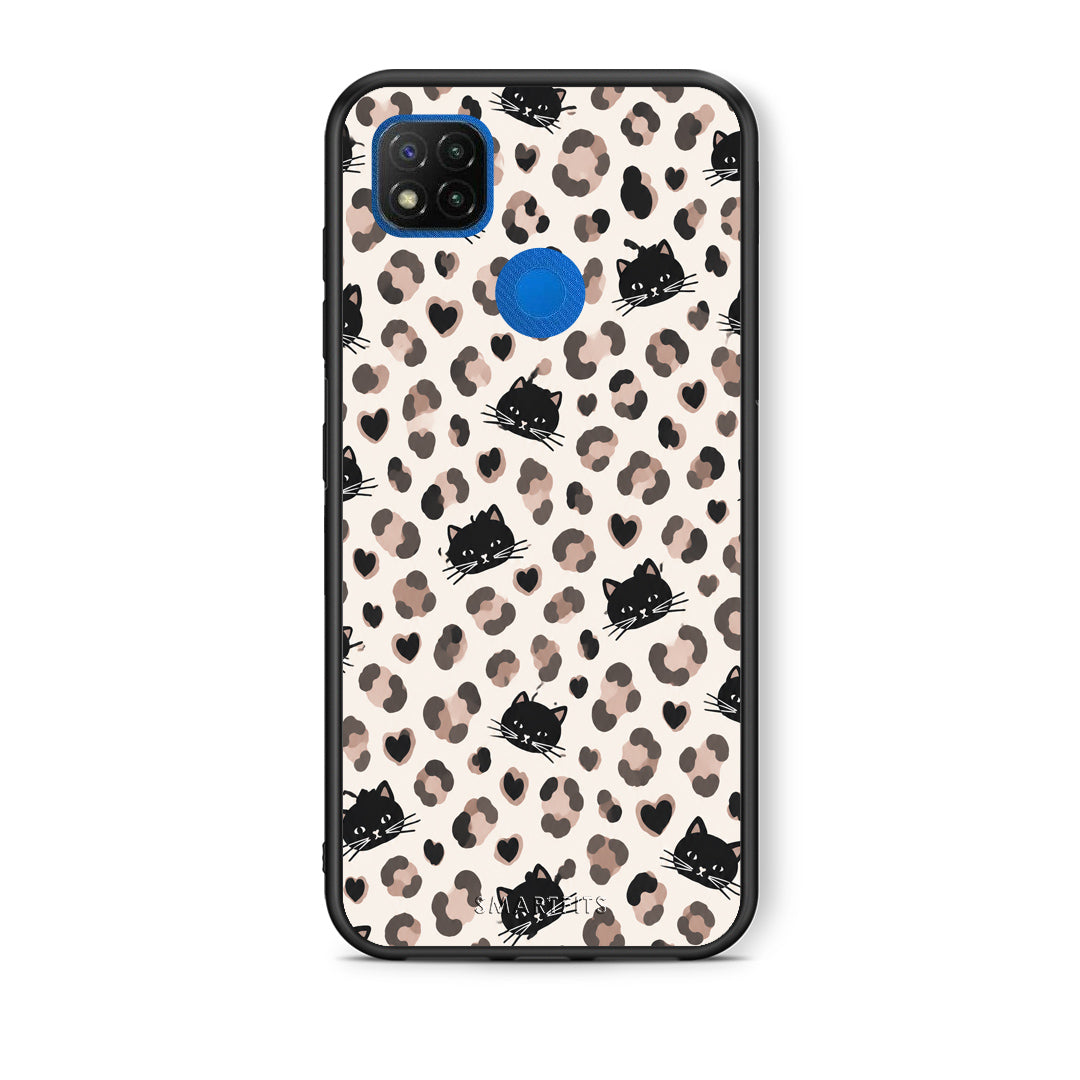Θήκη Xiaomi Redmi 9C Leopard Spots and Black Cats on Cream από τη Smartfits με σχέδιο στο πίσω μέρος και μαύρο περίβλημα | Xiaomi Redmi 9C Leopard Spots and Black Cats on Cream case with colorful back and black bezels