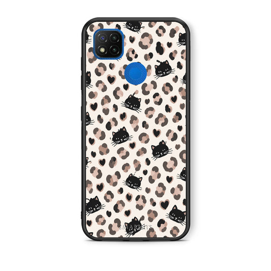 Θήκη Xiaomi Redmi 9C Leopard Spots and Black Cats on Cream από τη Smartfits με σχέδιο στο πίσω μέρος και μαύρο περίβλημα | Xiaomi Redmi 9C Leopard Spots and Black Cats on Cream case with colorful back and black bezels