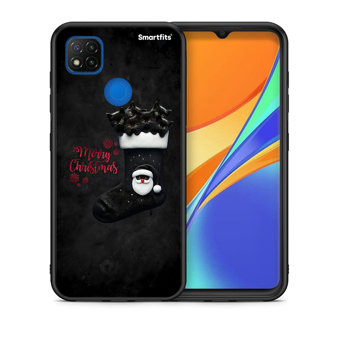 Θήκη Xiaomi Redmi 9C Merry Cat Christmas από τη Smartfits με σχέδιο στο πίσω μέρος και μαύρο περίβλημα | Xiaomi Redmi 9C Merry Cat Christmas case with colorful back and black bezels