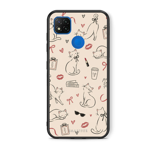 Θήκη Xiaomi Redmi 9C Minimal Cat and Fashion Doodles on Cream από τη Smartfits με σχέδιο στο πίσω μέρος και μαύρο περίβλημα | Xiaomi Redmi 9C Minimal Cat and Fashion Doodles on Cream case with colorful back and black bezels