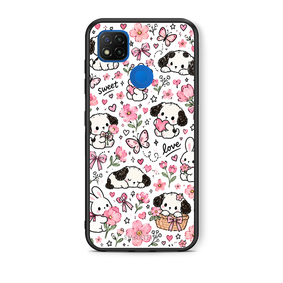 Θήκη Xiaomi Redmi 9C Pink Florals Puppies and Bunnies on White από τη Smartfits με σχέδιο στο πίσω μέρος και μαύρο περίβλημα | Xiaomi Redmi 9C Pink Florals Puppies and Bunnies on White case with colorful back and black bezels