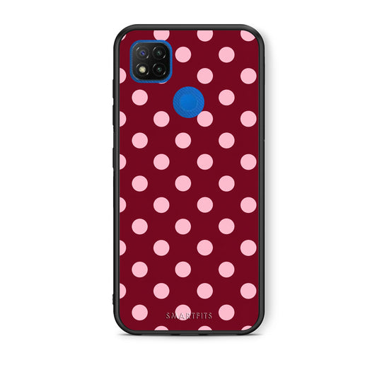 Θήκη Xiaomi Redmi 9C Pink Polka Dots on Burgundy από τη Smartfits με σχέδιο στο πίσω μέρος και μαύρο περίβλημα | Xiaomi Redmi 9C Pink Polka Dots on Burgundy case with colorful back and black bezels