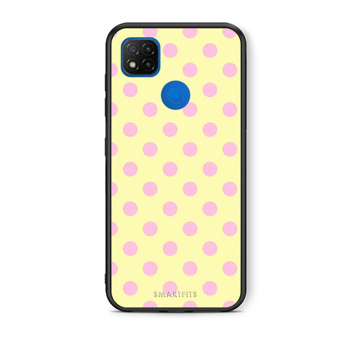 Θήκη Xiaomi Redmi 9C Pink Polka Dots on Yellow από τη Smartfits με σχέδιο στο πίσω μέρος και μαύρο περίβλημα | Xiaomi Redmi 9C Pink Polka Dots on Yellow case with colorful back and black bezels