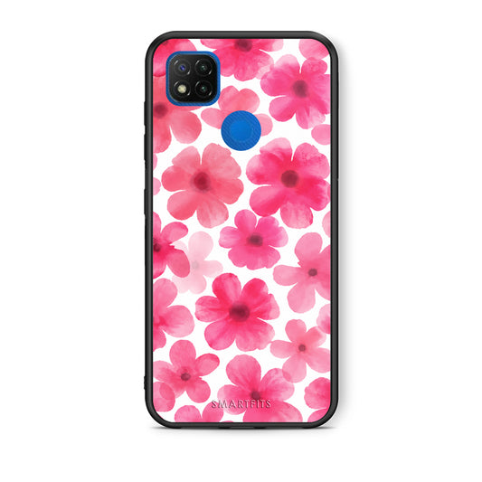 Θήκη Xiaomi Redmi 9C Pink Watercolour Flowers on White από τη Smartfits με σχέδιο στο πίσω μέρος και μαύρο περίβλημα | Xiaomi Redmi 9C Pink Watercolour Flowers on White case with colorful back and black bezels