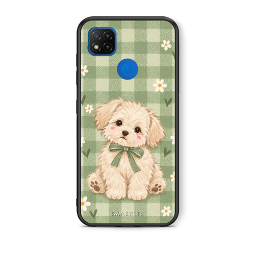 Θήκη Xiaomi Redmi 9C Puppy and Daisies on Sage Gingham από τη Smartfits με σχέδιο στο πίσω μέρος και μαύρο περίβλημα | Xiaomi Redmi 9C Puppy and Daisies on Sage Gingham case with colorful back and black bezels