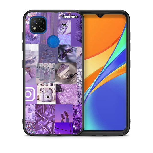 Θήκη Xiaomi Redmi 9C Purple Aesthetic Collage από τη Smartfits με σχέδιο στο πίσω μέρος και μαύρο περίβλημα | Xiaomi Redmi 9C Purple Aesthetic Collage case with colorful back and black bezels