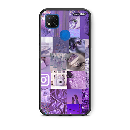 Θήκη Xiaomi Redmi 9C Purple Aesthetic Collage από τη Smartfits με σχέδιο στο πίσω μέρος και μαύρο περίβλημα | Xiaomi Redmi 9C Purple Aesthetic Collage case with colorful back and black bezels