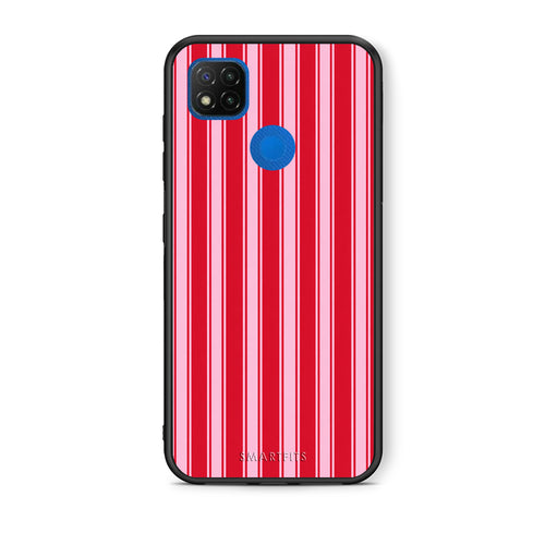 Θήκη Xiaomi Redmi 9C Red and Pink Vertical Pinstripes από τη Smartfits με σχέδιο στο πίσω μέρος και μαύρο περίβλημα | Xiaomi Redmi 9C Red and Pink Vertical Pinstripes case with colorful back and black bezels