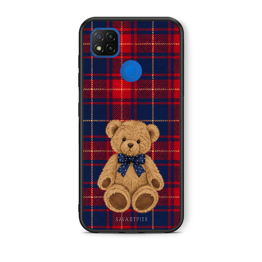 Θήκη Xiaomi Redmi 9C Teddy Bear on Red and Navy Tartan από τη Smartfits με σχέδιο στο πίσω μέρος και μαύρο περίβλημα | Xiaomi Redmi 9C Teddy Bear on Red and Navy Tartan case with colorful back and black bezels
