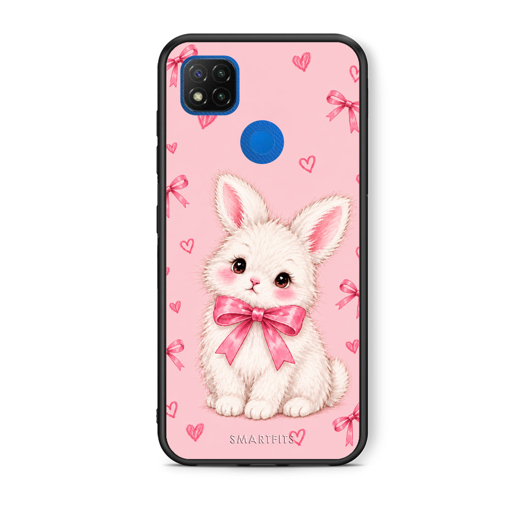 Θήκη Xiaomi Redmi 9C White Bunny and Pink Bows από τη Smartfits με σχέδιο στο πίσω μέρος και μαύρο περίβλημα | Xiaomi Redmi 9C White Bunny and Pink Bows case with colorful back and black bezels