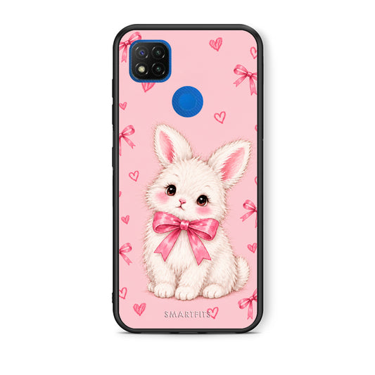 Θήκη Xiaomi Redmi 9C White Bunny and Pink Bows από τη Smartfits με σχέδιο στο πίσω μέρος και μαύρο περίβλημα | Xiaomi Redmi 9C White Bunny and Pink Bows case with colorful back and black bezels