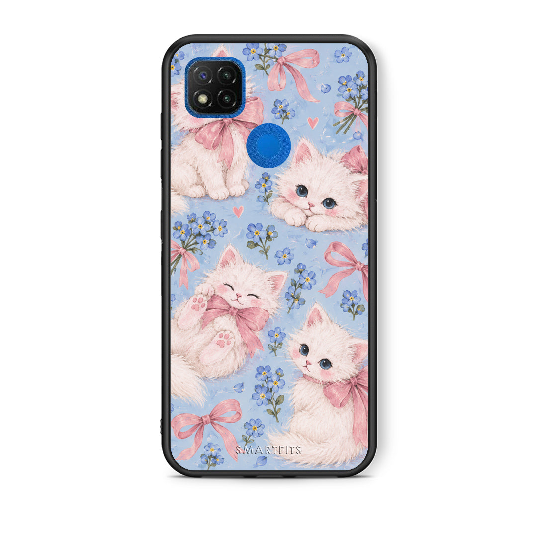 Θήκη Xiaomi Redmi 9C White Kittens and Blue Flowers Large από τη Smartfits με σχέδιο στο πίσω μέρος και μαύρο περίβλημα | Xiaomi Redmi 9C White Kittens and Blue Flowers Large case with colorful back and black bezels