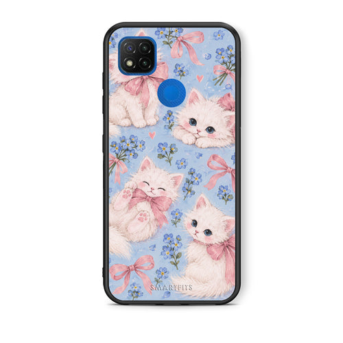 Θήκη Xiaomi Redmi 9C White Kittens and Blue Flowers Large από τη Smartfits με σχέδιο στο πίσω μέρος και μαύρο περίβλημα | Xiaomi Redmi 9C White Kittens and Blue Flowers Large case with colorful back and black bezels