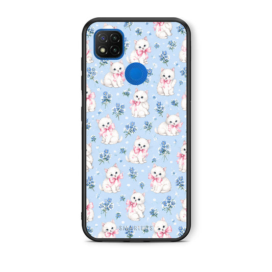 Θήκη Xiaomi Redmi 9C White Kittens and Blue Flowers Small από τη Smartfits με σχέδιο στο πίσω μέρος και μαύρο περίβλημα | Xiaomi Redmi 9C White Kittens and Blue Flowers Small case with colorful back and black bezels
