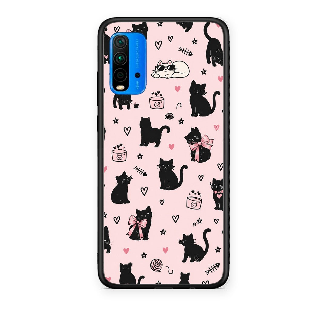 Θήκη Xiaomi Poco M3 Black Cat Doodles on Pink από τη Smartfits με σχέδιο στο πίσω μέρος και μαύρο περίβλημα | Xiaomi Poco M3 Black Cat Doodles on Pink case with colorful back and black bezels