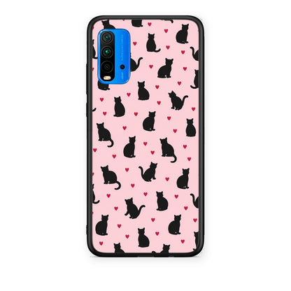Θήκη Xiaomi Poco M3 Black Cat Silhouettes and Hearts on Pink από τη Smartfits με σχέδιο στο πίσω μέρος και μαύρο περίβλημα | Xiaomi Poco M3 Black Cat Silhouettes and Hearts on Pink case with colorful back and black bezels