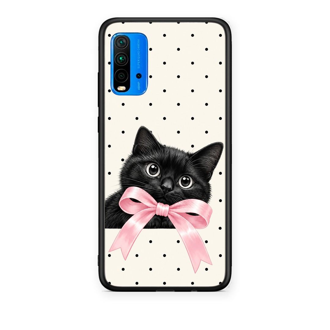 Θήκη Xiaomi Redmi 9T Black Kitten Pink Bow and Polka Dots από τη Smartfits με σχέδιο στο πίσω μέρος και μαύρο περίβλημα | Xiaomi Redmi 9T Black Kitten Pink Bow and Polka Dots case with colorful back and black bezels
