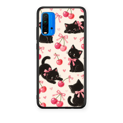 Θήκη Xiaomi Redmi 9T Black Kittens and Cherries on Cream από τη Smartfits με σχέδιο στο πίσω μέρος και μαύρο περίβλημα | Xiaomi Redmi 9T Black Kittens and Cherries on Cream case with colorful back and black bezels
