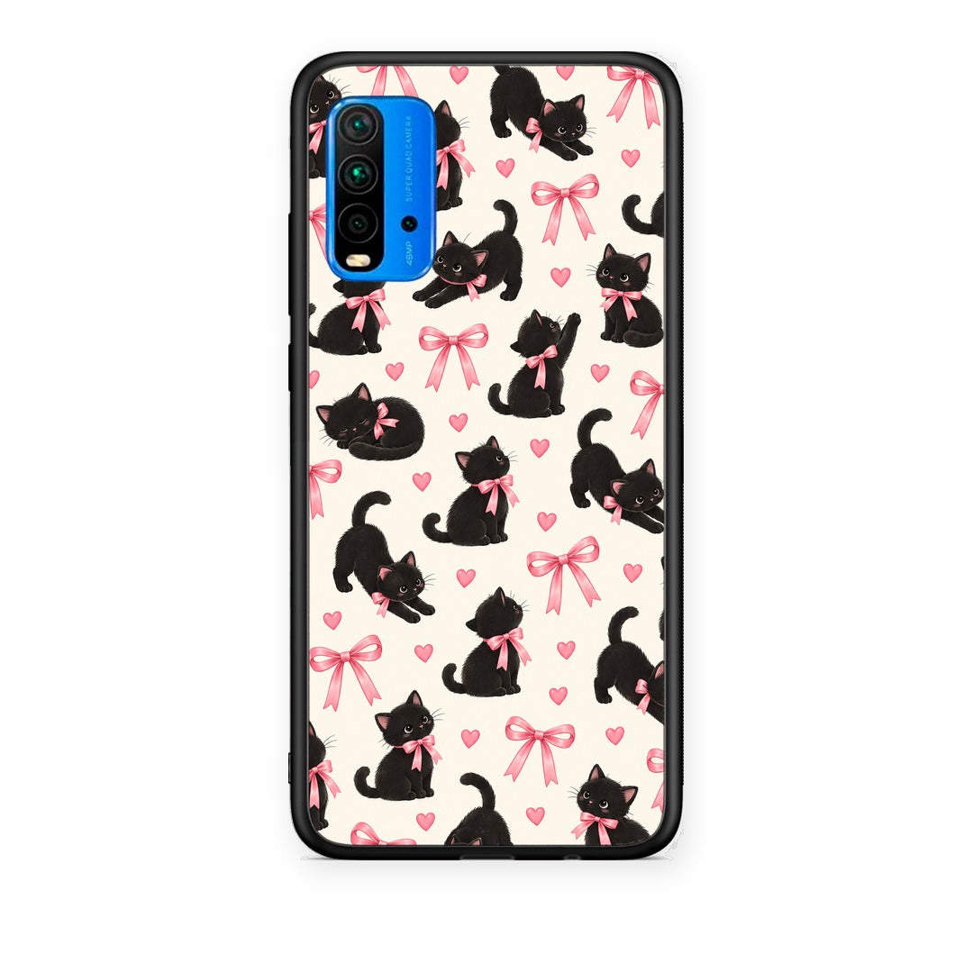 Θήκη Xiaomi Poco M3 Black Kittens and Pink Bows on Cream Small από τη Smartfits με σχέδιο στο πίσω μέρος και μαύρο περίβλημα | Xiaomi Poco M3 Black Kittens and Pink Bows on Cream Small case with colorful back and black bezels
