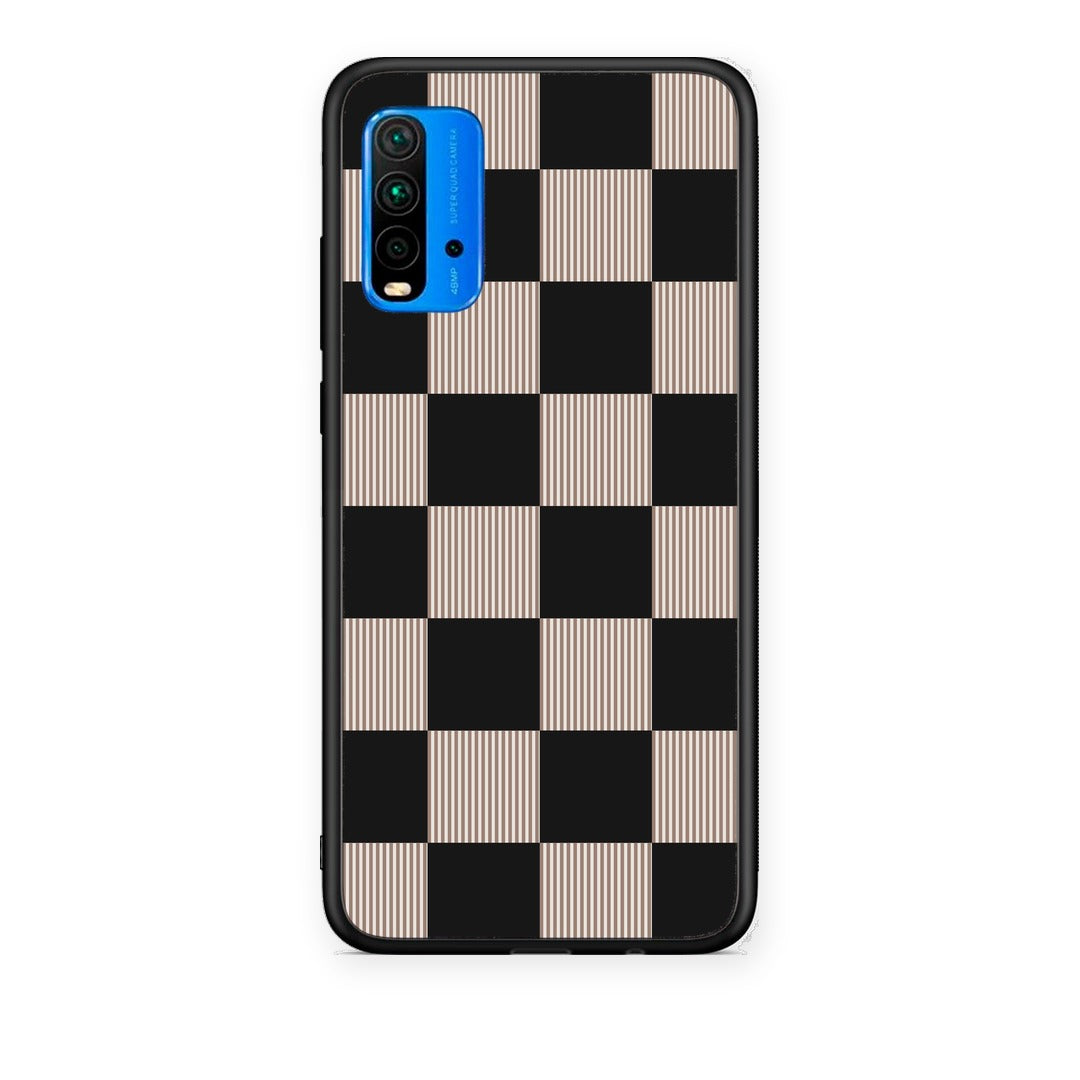 Θήκη Xiaomi Redmi 9T Black and Taupe Striped Checks από τη Smartfits με σχέδιο στο πίσω μέρος και μαύρο περίβλημα | Xiaomi Redmi 9T Black and Taupe Striped Checks case with colorful back and black bezels
