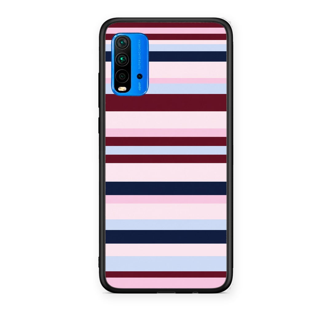 Θήκη Xiaomi Poco M3 Burgundy Pink and Blue Horizontal Stripes από τη Smartfits με σχέδιο στο πίσω μέρος και μαύρο περίβλημα | Xiaomi Poco M3 Burgundy Pink and Blue Horizontal Stripes case with colorful back and black bezels