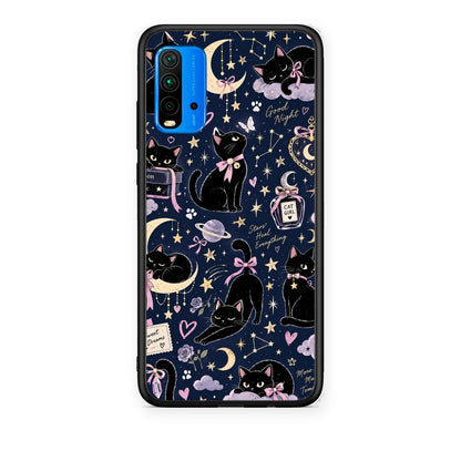 Θήκη Xiaomi Redmi 9T Celestial Black Cats on Navy από τη Smartfits με σχέδιο στο πίσω μέρος και μαύρο περίβλημα | Xiaomi Redmi 9T Celestial Black Cats on Navy case with colorful back and black bezels