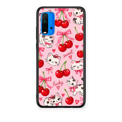 Θήκη Xiaomi Redmi 9T Cherries Bows and Kittens on Pink από τη Smartfits με σχέδιο στο πίσω μέρος και μαύρο περίβλημα | Xiaomi Redmi 9T Cherries Bows and Kittens on Pink case with colorful back and black bezels