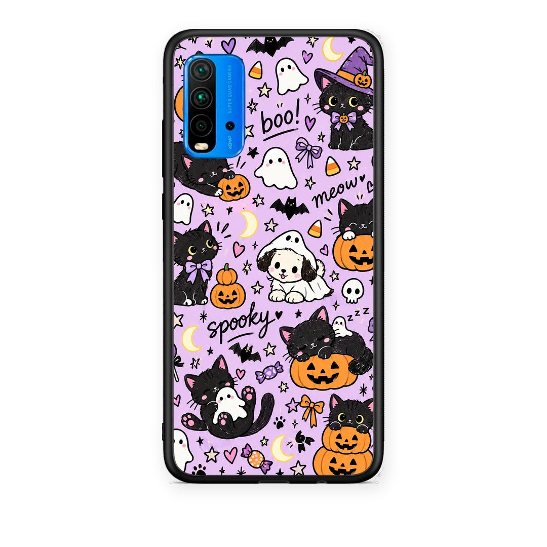 Θήκη Xiaomi Redmi 9T Halloween Black Cats on Lilac από τη Smartfits με σχέδιο στο πίσω μέρος και μαύρο περίβλημα | Xiaomi Redmi 9T Halloween Black Cats on Lilac case with colorful back and black bezels