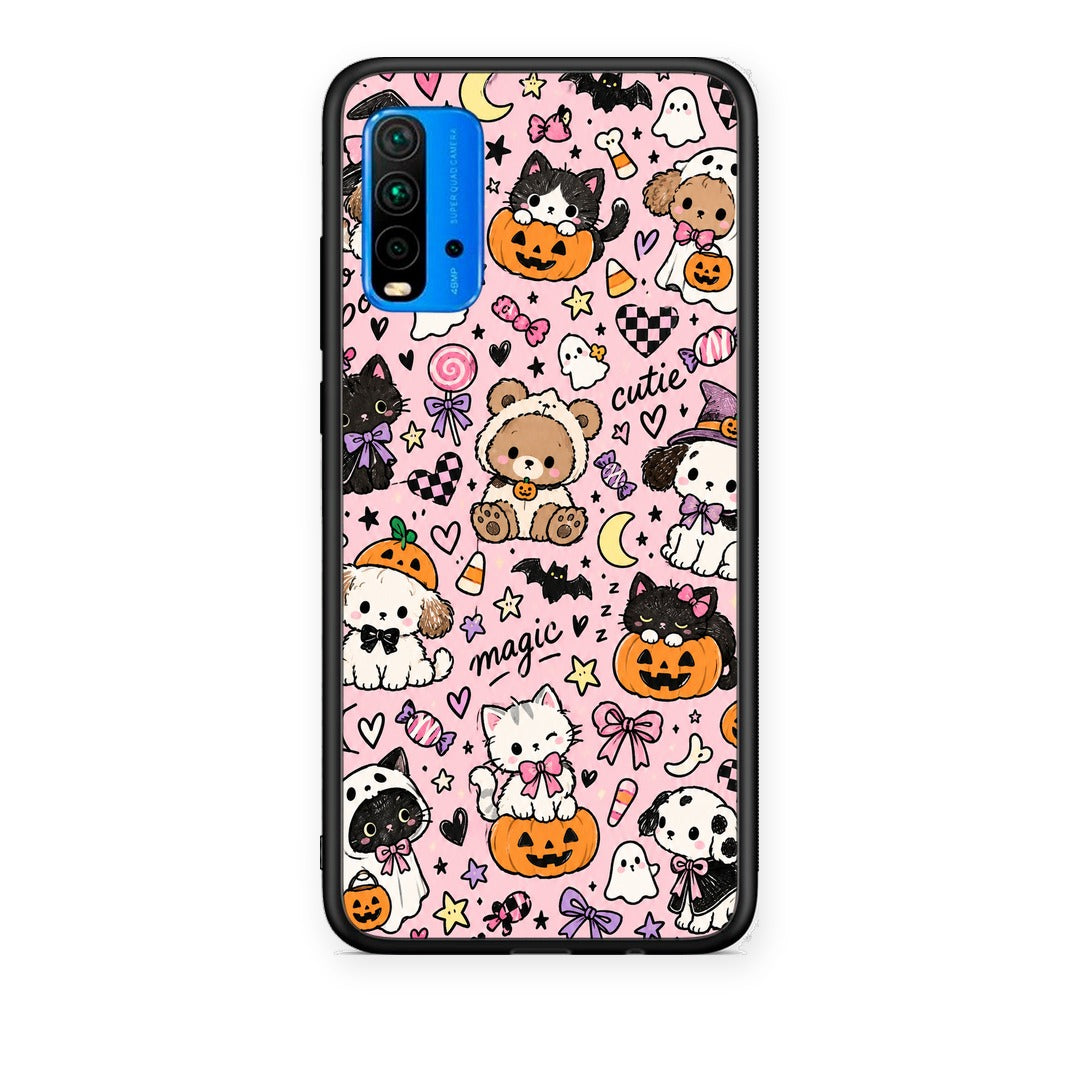 Θήκη Xiaomi Redmi 9T Halloween Cute Animals on Pink από τη Smartfits με σχέδιο στο πίσω μέρος και μαύρο περίβλημα | Xiaomi Redmi 9T Halloween Cute Animals on Pink case with colorful back and black bezels