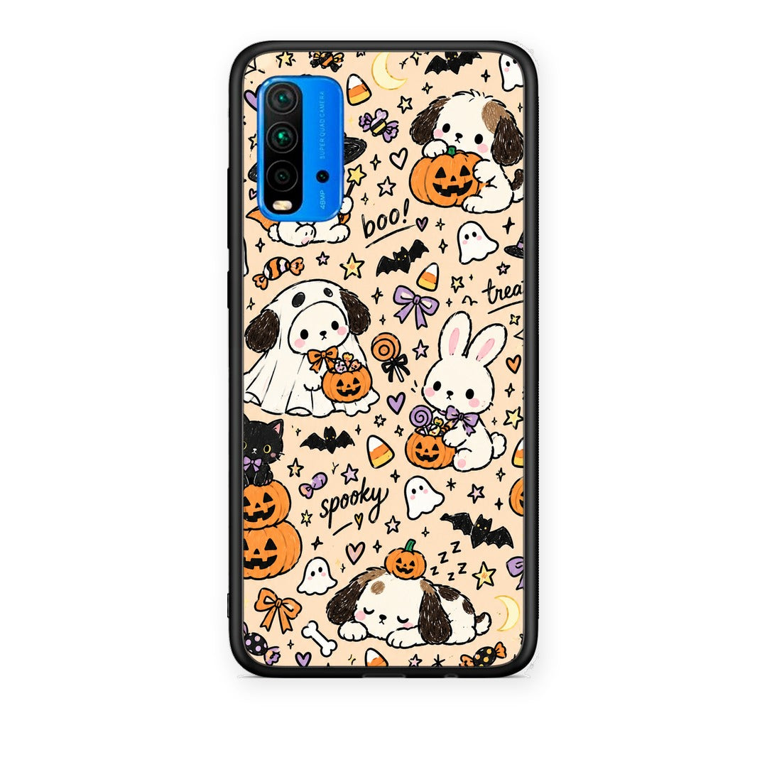 Θήκη Xiaomi Redmi 9T Halloween Puppies and Friends on Cream από τη Smartfits με σχέδιο στο πίσω μέρος και μαύρο περίβλημα | Xiaomi Redmi 9T Halloween Puppies and Friends on Cream case with colorful back and black bezels
