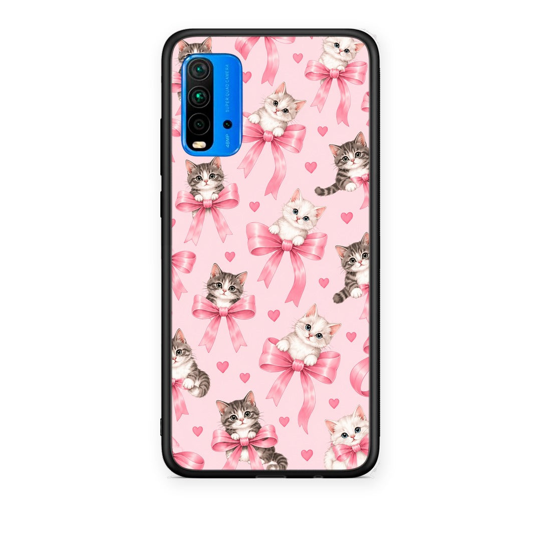 Θήκη Xiaomi Redmi 9T Kittens and Pink Bows on Pink από τη Smartfits με σχέδιο στο πίσω μέρος και μαύρο περίβλημα | Xiaomi Redmi 9T Kittens and Pink Bows on Pink case with colorful back and black bezels