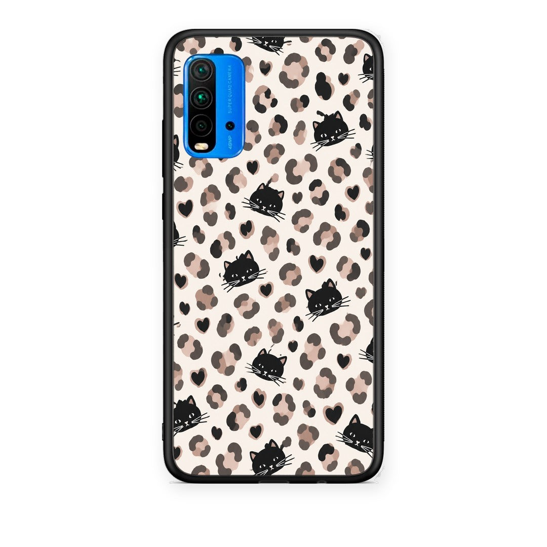 Θήκη Xiaomi Redmi 9T Leopard Spots and Black Cats on Cream από τη Smartfits με σχέδιο στο πίσω μέρος και μαύρο περίβλημα | Xiaomi Redmi 9T Leopard Spots and Black Cats on Cream case with colorful back and black bezels