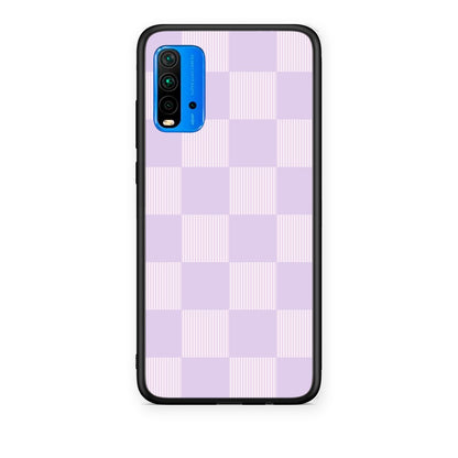 Θήκη Xiaomi Redmi 9T Lilac and Cream Striped Checks από τη Smartfits με σχέδιο στο πίσω μέρος και μαύρο περίβλημα | Xiaomi Redmi 9T Lilac and Cream Striped Checks case with colorful back and black bezels