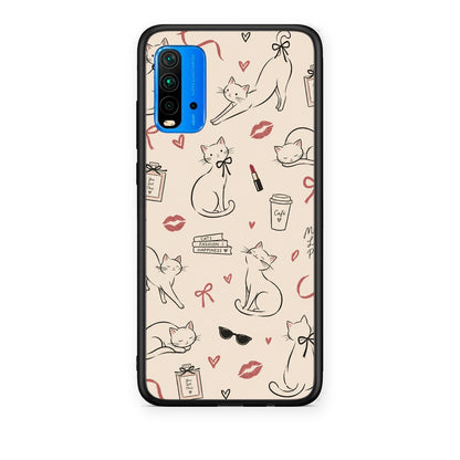 Θήκη Xiaomi Redmi 9T Minimal Cat and Fashion Doodles on Cream από τη Smartfits με σχέδιο στο πίσω μέρος και μαύρο περίβλημα | Xiaomi Redmi 9T Minimal Cat and Fashion Doodles on Cream case with colorful back and black bezels