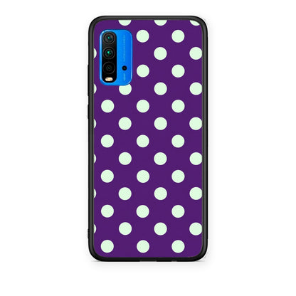 Θήκη Xiaomi Poco M3 Mint Polka Dots on Purple από τη Smartfits με σχέδιο στο πίσω μέρος και μαύρο περίβλημα | Xiaomi Poco M3 Mint Polka Dots on Purple case with colorful back and black bezels