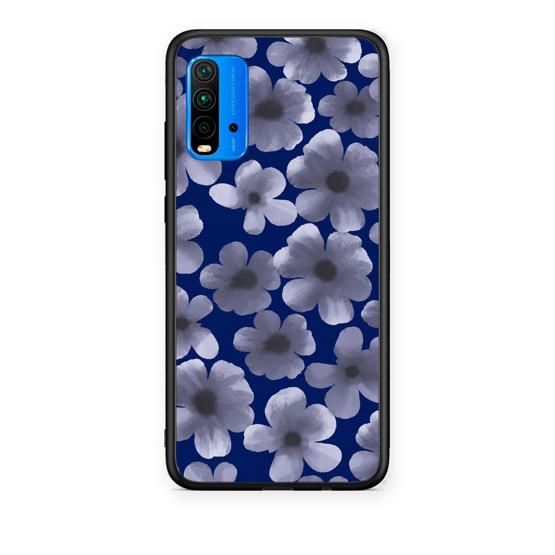 Θήκη Xiaomi Redmi 9T Pale Blue Flowers on Navy από τη Smartfits με σχέδιο στο πίσω μέρος και μαύρο περίβλημα | Xiaomi Redmi 9T Pale Blue Flowers on Navy case with colorful back and black bezels