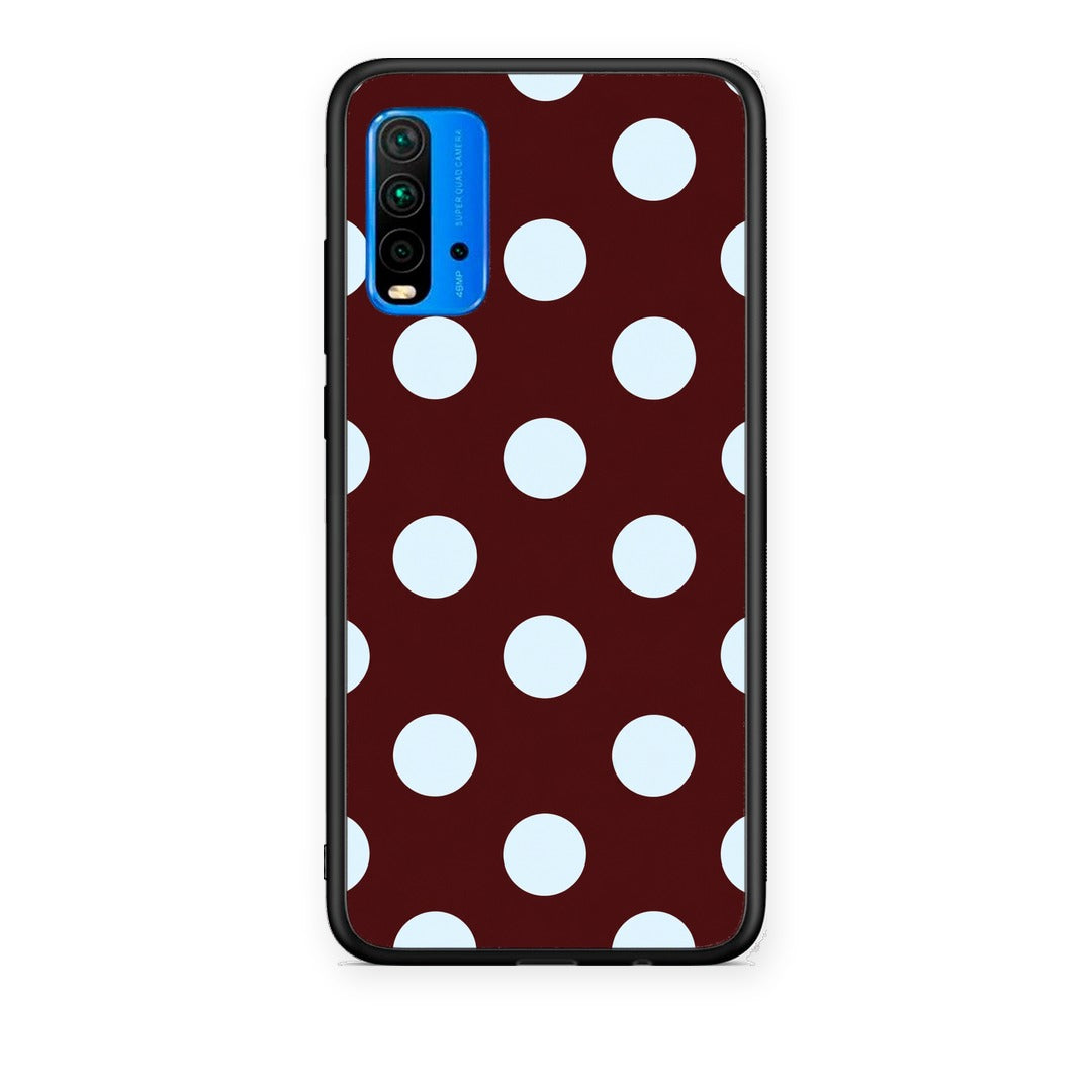 Θήκη Xiaomi Poco M3 Pale Blue Large Polka Dots on Burgundy από τη Smartfits με σχέδιο στο πίσω μέρος και μαύρο περίβλημα | Xiaomi Poco M3 Pale Blue Large Polka Dots on Burgundy case with colorful back and black bezels