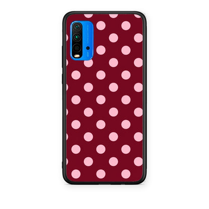 Θήκη Xiaomi Redmi 9T Pink Polka Dots on Burgundy από τη Smartfits με σχέδιο στο πίσω μέρος και μαύρο περίβλημα | Xiaomi Redmi 9T Pink Polka Dots on Burgundy case with colorful back and black bezels
