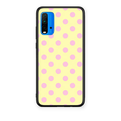 Θήκη Xiaomi Redmi 9T Pink Polka Dots on Yellow από τη Smartfits με σχέδιο στο πίσω μέρος και μαύρο περίβλημα | Xiaomi Redmi 9T Pink Polka Dots on Yellow case with colorful back and black bezels